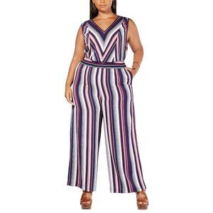 Monteau Trendy Plus Size Sleeveless Striped Jumpsuit Burgundy 1X